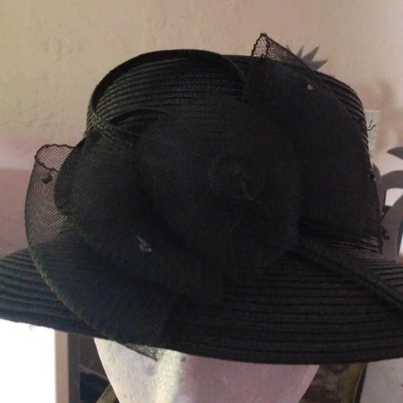 Black Floral Derby Hat Wide Brim Church Tea Party Wedding Fascinator Vintage Sty main image 7